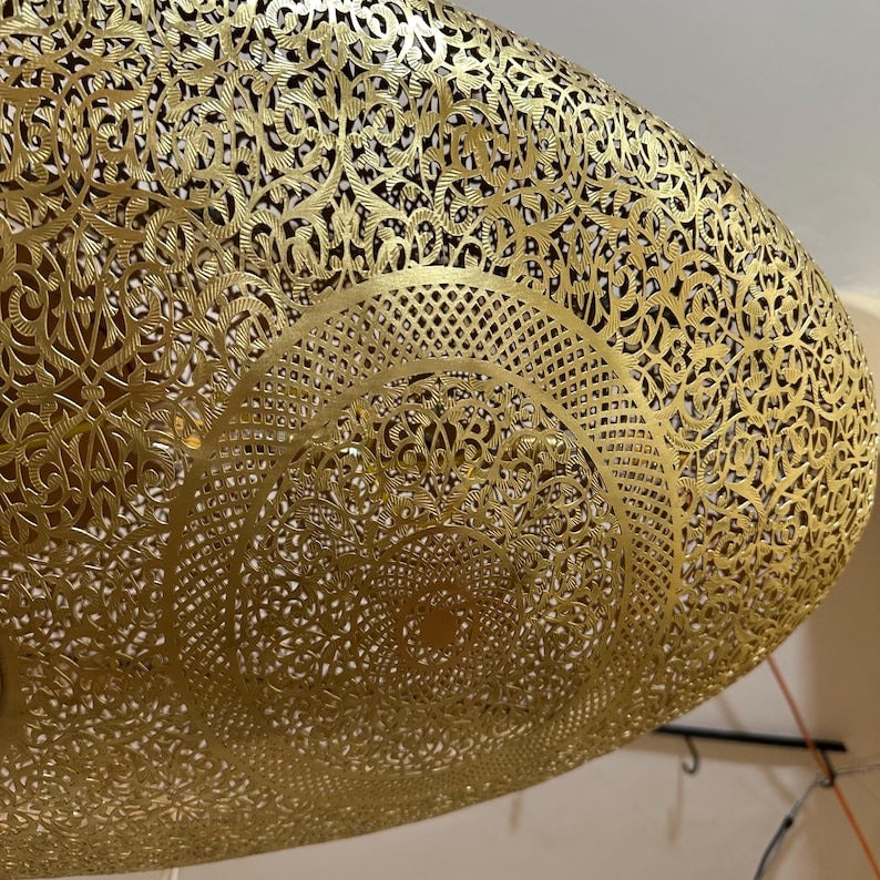 Handmade Moroccan Brass Pendant Light – Large Oval Pierced Ceiling Lantern with Arabesque Floral Medallions, Moorish Statement Chandelier for Dining Room, Living Room & Kitchen Island