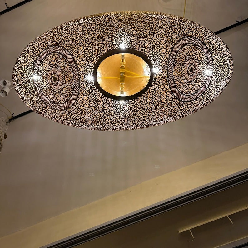 Handmade Moroccan Brass Pendant Light – Large Oval Pierced Ceiling Lantern with Arabesque Floral Medallions, Moorish Statement Chandelier for Dining Room, Living Room & Kitchen Island