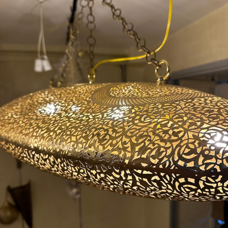 Handmade Moroccan Brass Pendant Light – Large Oval Pierced Ceiling Lantern with Arabesque Floral Medallions, Moorish Statement Chandelier for Dining Room, Living Room & Kitchen Island