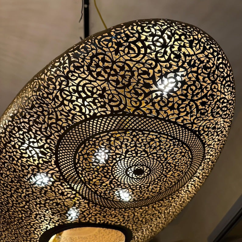 Handmade Moroccan Brass Pendant Light – Large Oval Pierced Ceiling Lantern with Arabesque Floral Medallions, Moorish Statement Chandelier for Dining Room, Living Room & Kitchen Island