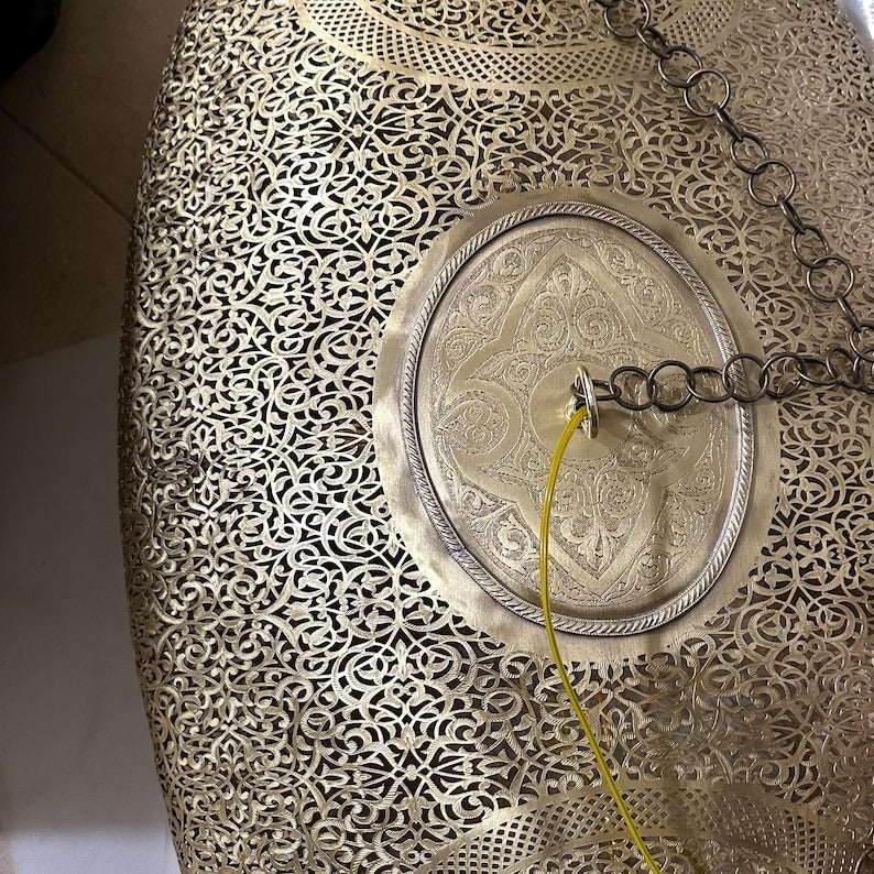 Handmade Moroccan Brass Pendant Light – Large Oval Pierced Ceiling Lantern with Arabesque Floral Medallions, Moorish Statement Chandelier for Dining Room, Living Room & Kitchen Island