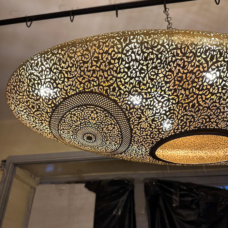 Handmade Moroccan Brass Pendant Light – Large Oval Pierced Ceiling Lantern with Arabesque Floral Medallions, Moorish Statement Chandelier for Dining Room, Living Room & Kitchen Island