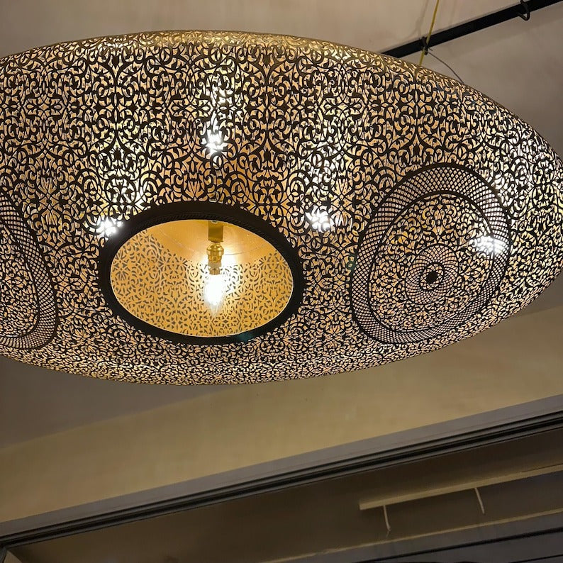 Handmade Moroccan Brass Pendant Light – Large Oval Pierced Ceiling Lantern with Arabesque Floral Medallions, Moorish Statement Chandelier for Dining Room, Living Room & Kitchen Island