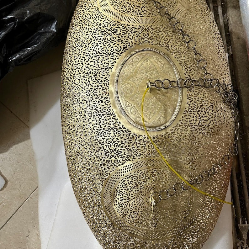 Handmade Moroccan Brass Pendant Light – Large Oval Pierced Ceiling Lantern with Arabesque Floral Medallions, Moorish Statement Chandelier for Dining Room, Living Room & Kitchen Island