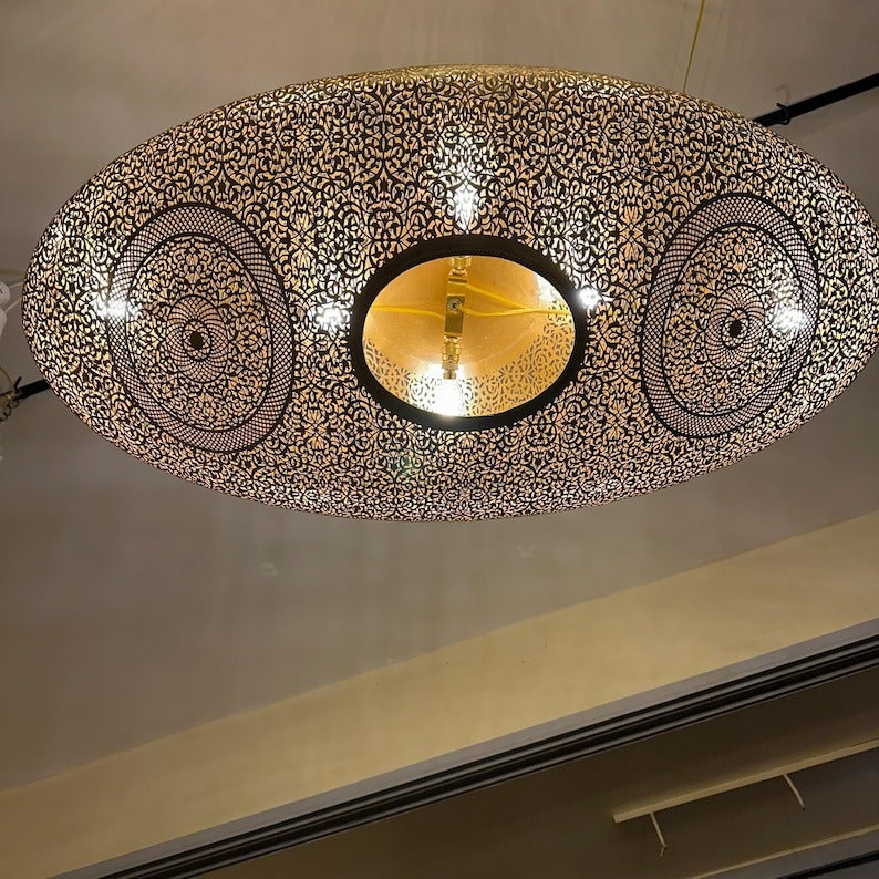 Handmade Moroccan Brass Pendant Light – Large Oval Pierced Ceiling Lantern with Arabesque Floral Medallions, Moorish Statement Chandelier for Dining Room, Living Room & Kitchen Island