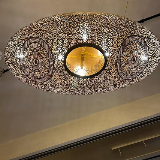 Handmade Moroccan Brass Pendant Light – Large Oval Pierced Ceiling Lantern with Arabesque Floral Medallions, Moorish Statement Chandelier for Dining Room, Living Room & Kitchen Island