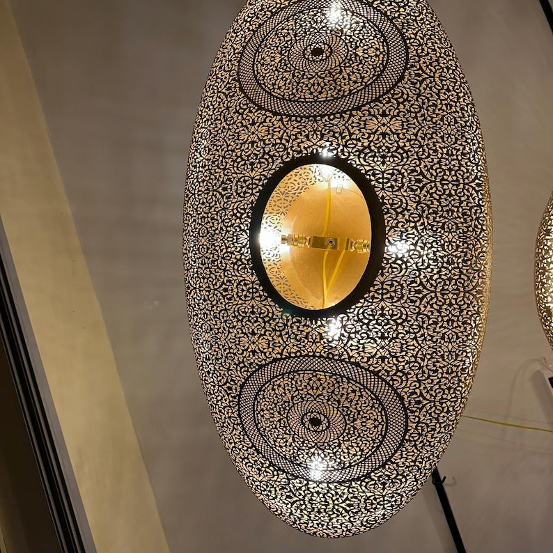Handmade Moroccan Brass Pendant Light – Large Oval Pierced Ceiling Lantern with Arabesque Floral Medallions, Moorish Statement Chandelier for Dining Room, Living Room & Kitchen Island