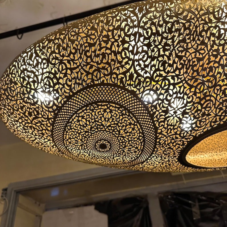 Handmade Moroccan Brass Pendant Light – Large Oval Pierced Ceiling Lantern with Arabesque Floral Medallions, Moorish Statement Chandelier for Dining Room, Living Room & Kitchen Island