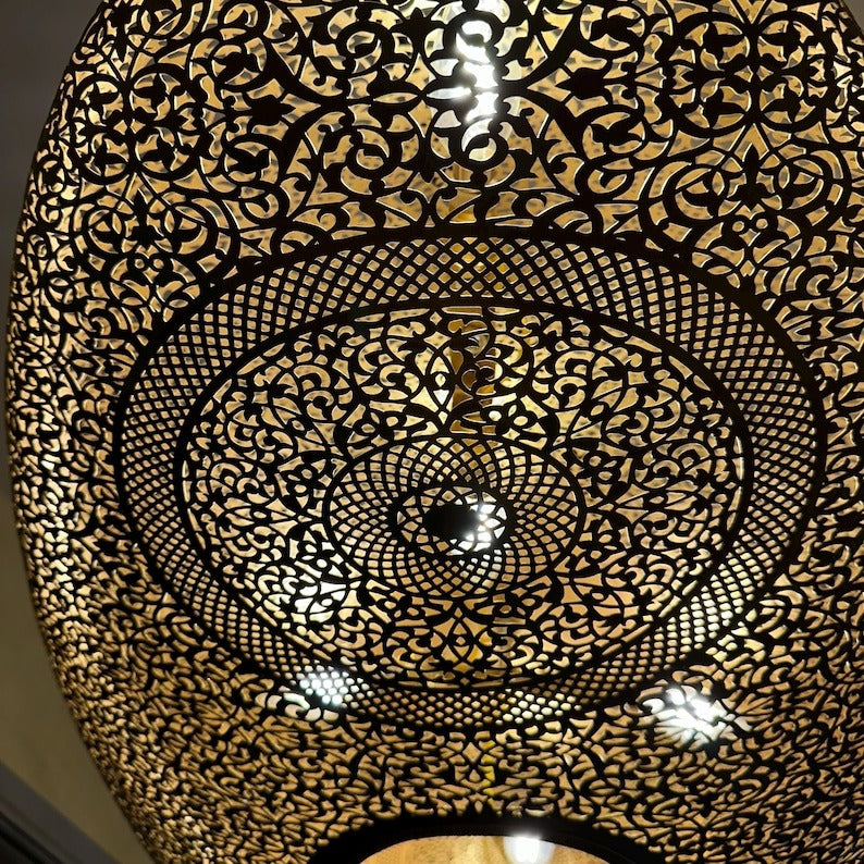 Handmade Moroccan Brass Pendant Light – Large Oval Pierced Ceiling Lantern with Arabesque Floral Medallions, Moorish Statement Chandelier for Dining Room, Living Room & Kitchen Island