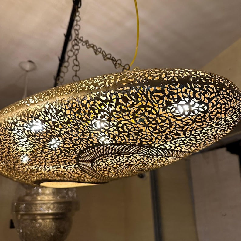 Handmade Moroccan Brass Pendant Light – Large Oval Pierced Ceiling Lantern with Arabesque Floral Medallions, Moorish Statement Chandelier for Dining Room, Living Room & Kitchen Island
