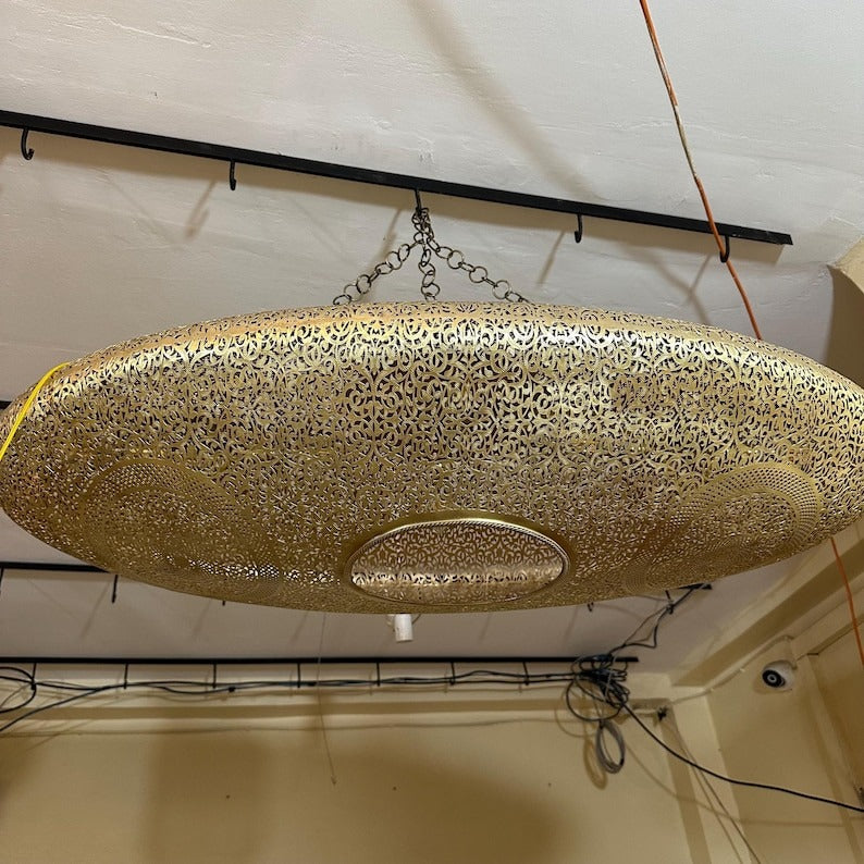 Handmade Moroccan Brass Pendant Light – Large Oval Pierced Ceiling Lantern with Arabesque Floral Medallions, Moorish Statement Chandelier for Dining Room, Living Room & Kitchen Island