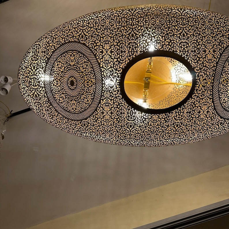 Handmade Moroccan Brass Pendant Light – Large Oval Pierced Ceiling Lantern with Arabesque Floral Medallions, Moorish Statement Chandelier for Dining Room, Living Room & Kitchen Island