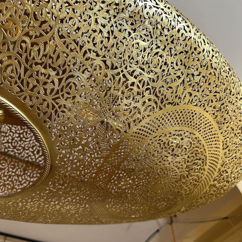 Handmade Moroccan Brass Pendant Light – Large Oval Pierced Ceiling Lantern with Arabesque Floral Medallions, Moorish Statement Chandelier for Dining Room, Living Room & Kitchen Island