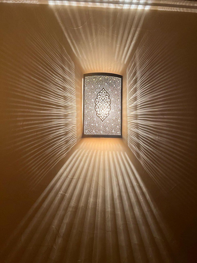 Handmade Moroccan Brass Wall Sconce – Perforated Brass Lantern Wall Light with Arabesque Cutout Pattern, Boho Moroccan Shadow Lamp for Bedroom, Hallway, Entryway, Stairway & Living Room
