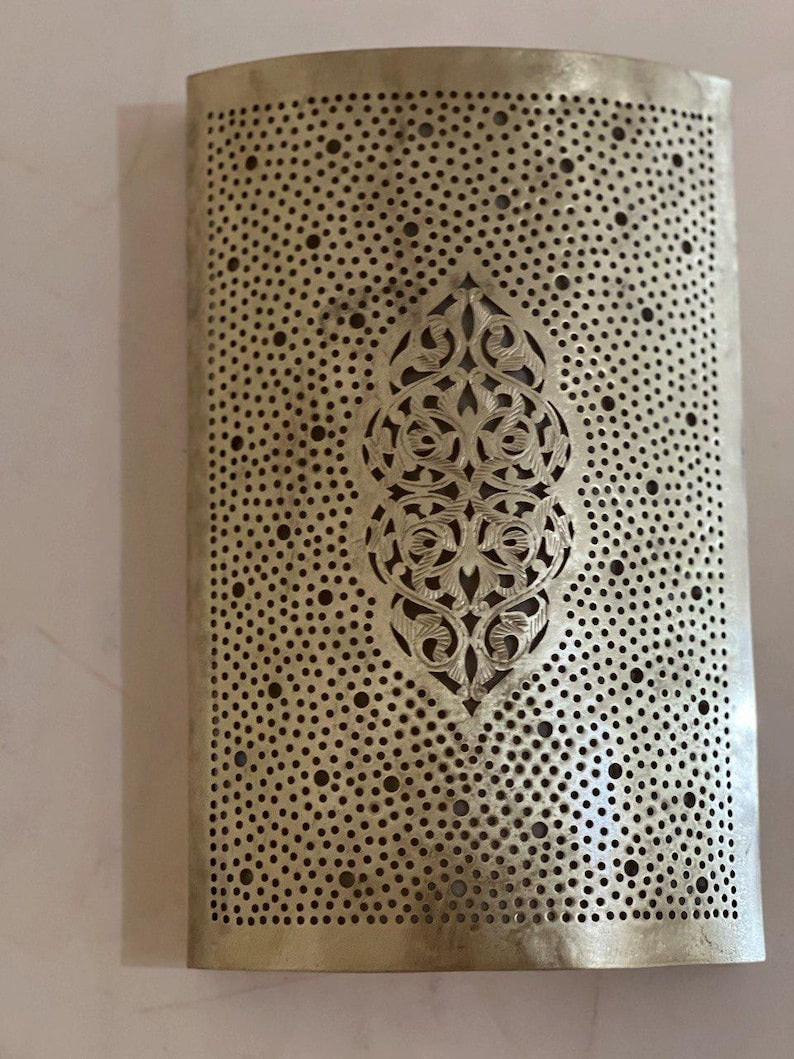 Handmade Moroccan Brass Wall Sconce – Perforated Brass Lantern Wall Light with Arabesque Cutout Pattern, Boho Moroccan Shadow Lamp for Bedroom, Hallway, Entryway, Stairway & Living Room
