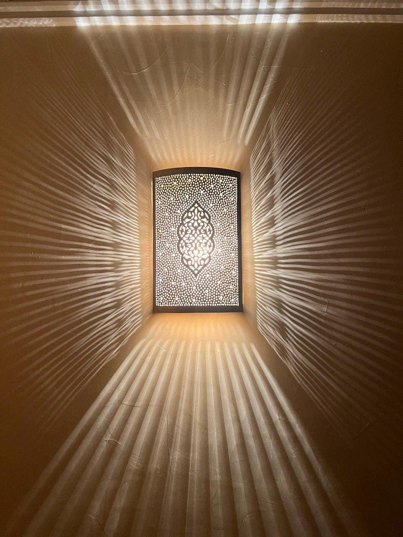 Handmade Moroccan Brass Wall Sconce – Perforated Brass Lantern Wall Light with Arabesque Cutout Pattern, Boho Moroccan Shadow Lamp for Bedroom, Hallway, Entryway, Stairway & Living Room