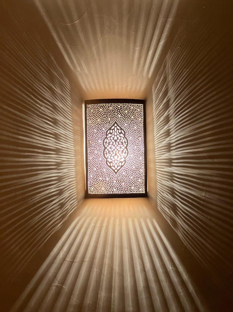 Handmade Moroccan Brass Wall Sconce – Perforated Brass Lantern Wall Light with Arabesque Cutout Pattern, Boho Moroccan Shadow Lamp for Bedroom, Hallway, Entryway, Stairway & Living Room