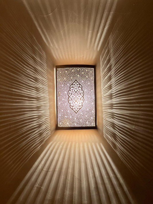Handmade Moroccan Brass Wall Sconce – Perforated Brass Lantern Wall Light with Arabesque Cutout Pattern, Boho Moroccan Shadow Lamp for Bedroom, Hallway, Entryway, Stairway & Living Room