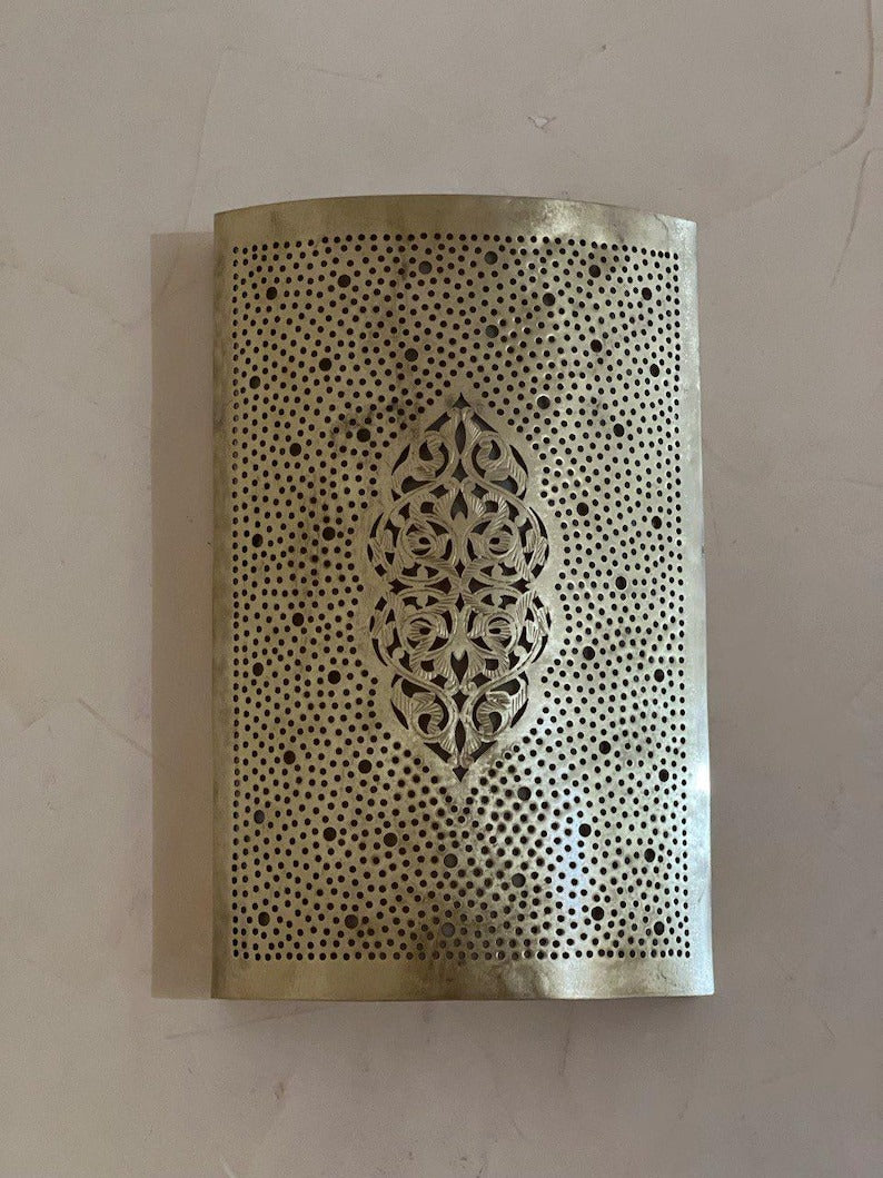 Handmade Moroccan Brass Wall Sconce – Perforated Brass Lantern Wall Light with Arabesque Cutout Pattern, Boho Moroccan Shadow Lamp for Bedroom, Hallway, Entryway, Stairway & Living Room