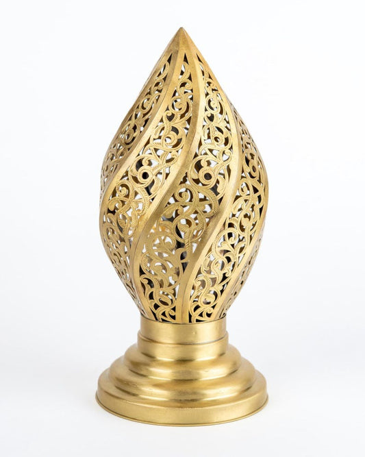 Handmade Moroccan Brass Flame Table Lamp – Ornate Pierced Brass Lantern with Swirling Arabesque Cutouts, Warm Gold Glow and Sculptural Tiered Base