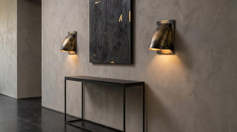 Antique Black and Gold Brass Wall Sconce – Handmade Curved Architectural Wall Light with Aged Patina Finish for Bedroom, Bathroom, Hallway, Entryway and Luxury Rustic Décor