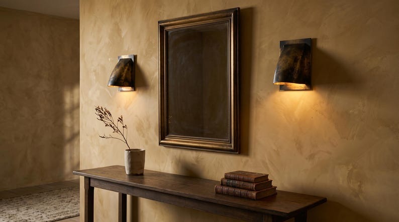 Antique Black and Gold Brass Wall Sconce – Handmade Curved Architectural Wall Light with Aged Patina Finish for Bedroom, Bathroom, Hallway, Entryway and Luxury Rustic Décor