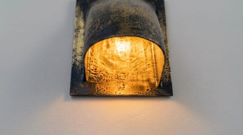 Antique Black and Gold Brass Wall Sconce – Handmade Curved Architectural Wall Light with Aged Patina Finish for Bedroom, Bathroom, Hallway, Entryway and Luxury Rustic Décor