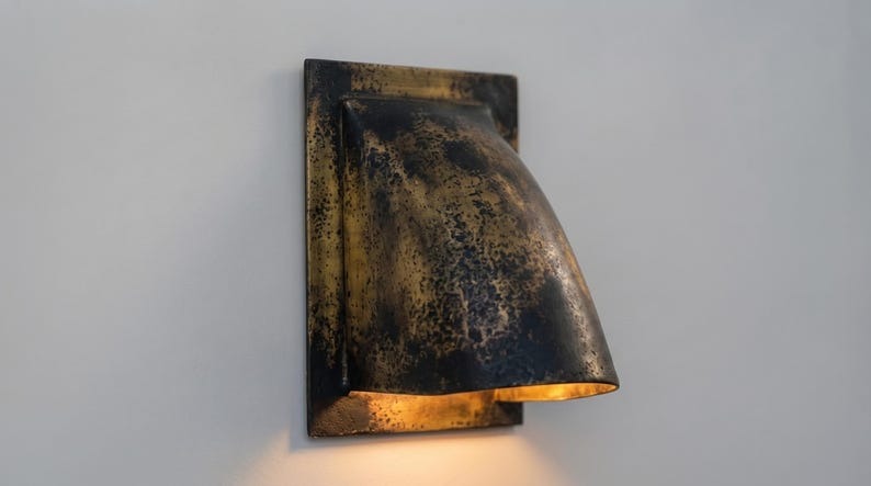 Antique Black and Gold Brass Wall Sconce – Handmade Curved Architectural Wall Light with Aged Patina Finish for Bedroom, Bathroom, Hallway, Entryway and Luxury Rustic Décor