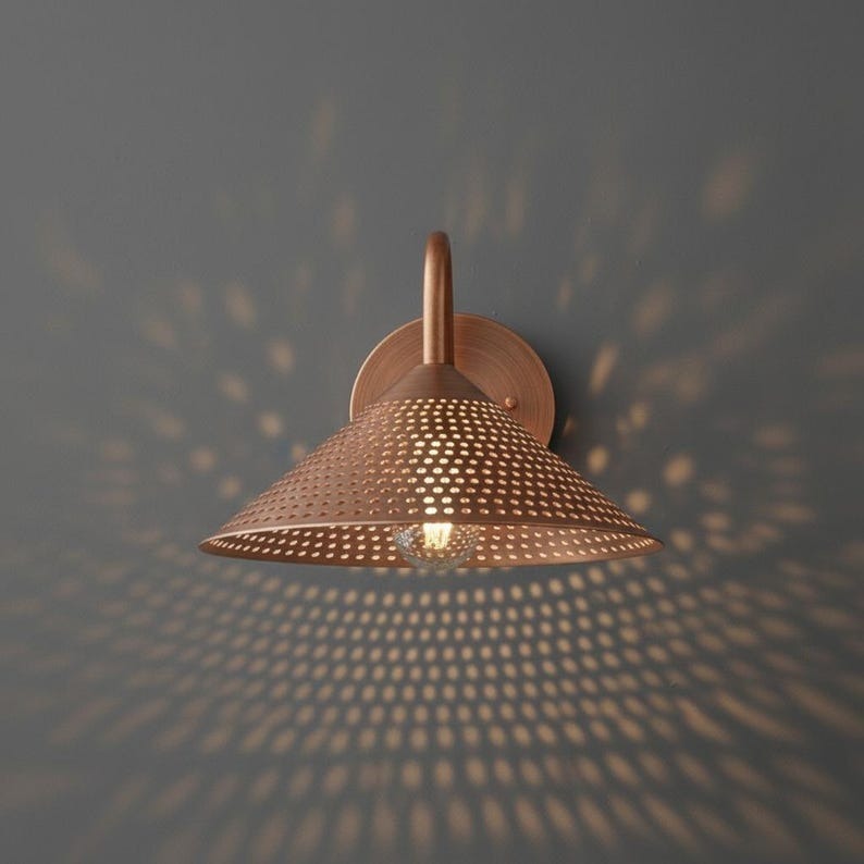 Handmade Moroccan Brass Wall Sconce – Perforated Copper Brass Cone Wall Light with Curved Gooseneck Arm, Boho Shadow Lamp for Bedroom, Hallway, Entryway & Living Room
