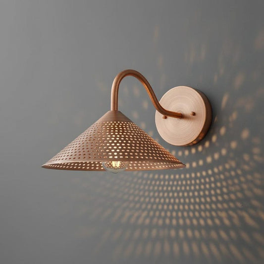 Handmade Moroccan Brass Wall Sconce – Perforated Copper Brass Cone Wall Light with Curved Gooseneck Arm, Boho Shadow Lamp for Bedroom, Hallway, Entryway & Living Room