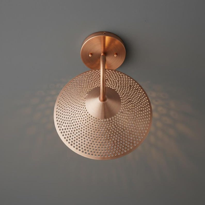 Handmade Moroccan Brass Wall Sconce – Perforated Copper Brass Cone Wall Light with Curved Gooseneck Arm, Boho Shadow Lamp for Bedroom, Hallway, Entryway & Living Room
