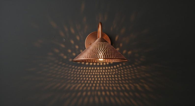Handmade Moroccan Brass Wall Sconce – Perforated Copper Brass Cone Wall Light with Curved Gooseneck Arm, Boho Shadow Lamp for Bedroom, Hallway, Entryway & Living Room
