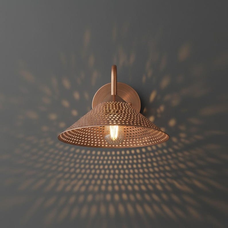 Handmade Moroccan Brass Wall Sconce – Perforated Copper Brass Cone Wall Light with Curved Gooseneck Arm, Boho Shadow Lamp for Bedroom, Hallway, Entryway & Living Room