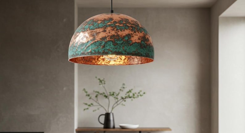 Turquoise Patina Copper Pendant Light, Handmade Hammered Dome Ceiling Lamp, Rustic Moroccan Kitchen Island Chandelier