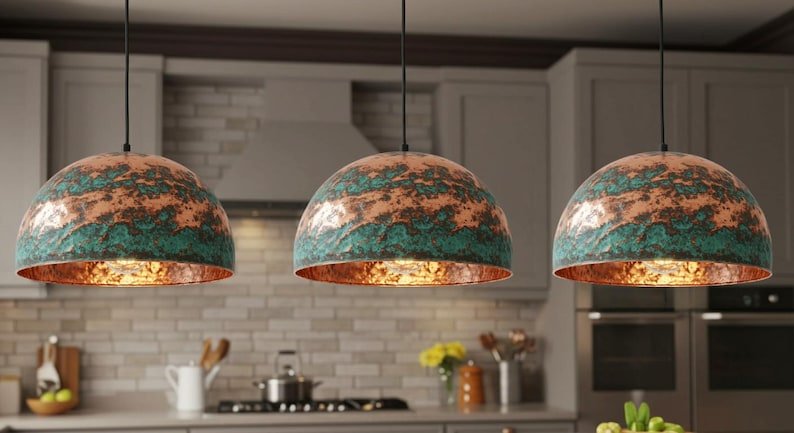 Turquoise Patina Copper Pendant Light, Handmade Hammered Dome Ceiling Lamp, Rustic Moroccan Kitchen Island Chandelier