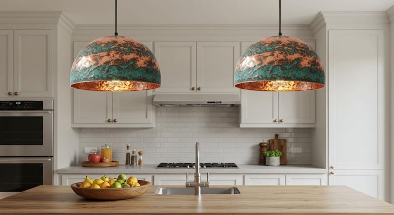 Turquoise Patina Copper Pendant Light, Handmade Hammered Dome Ceiling Lamp, Rustic Moroccan Kitchen Island Chandelier