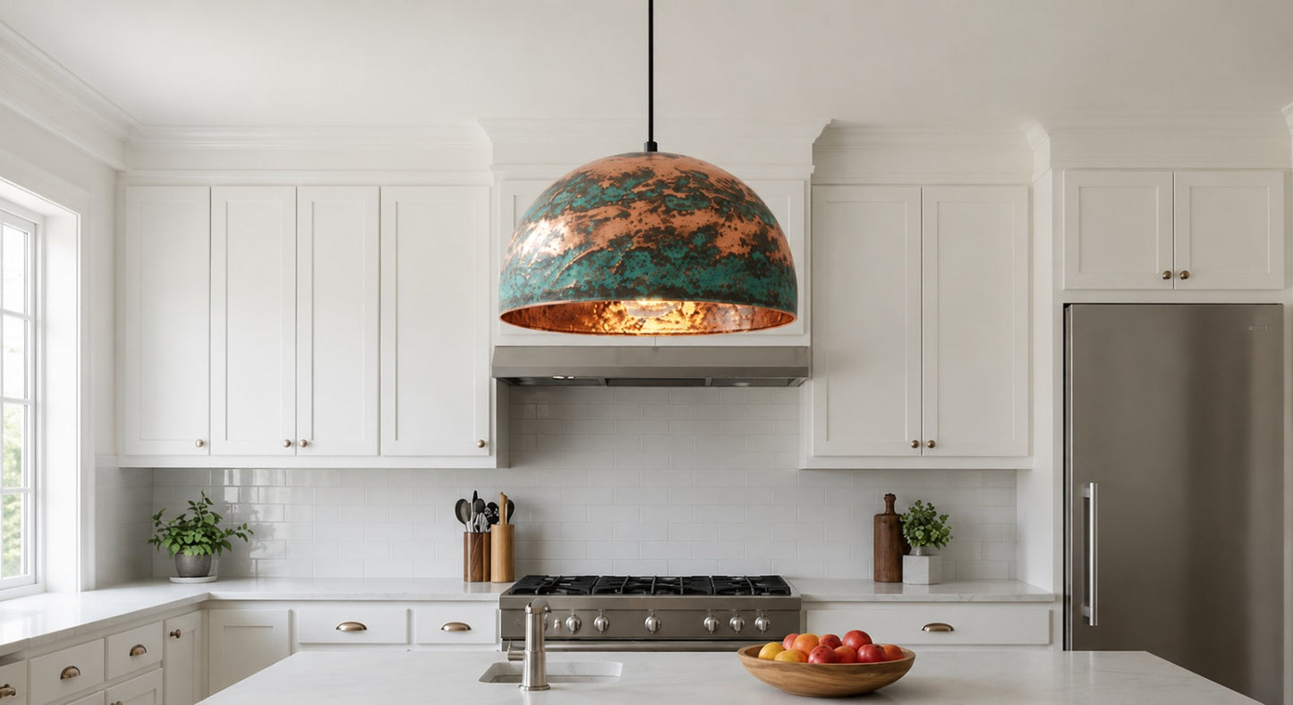 Turquoise Patina Copper Pendant Light, Handmade Hammered Dome Ceiling Lamp, Rustic Moroccan Kitchen Island Chandelier