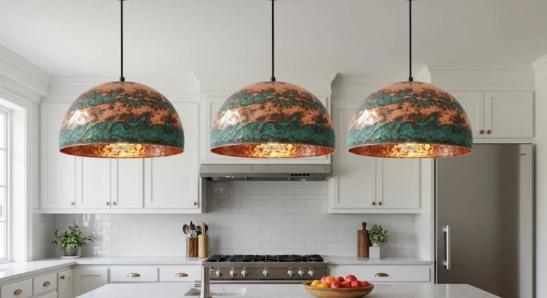Turquoise Patina Copper Pendant Light, Handmade Hammered Dome Ceiling Lamp, Rustic Moroccan Kitchen Island Chandelier