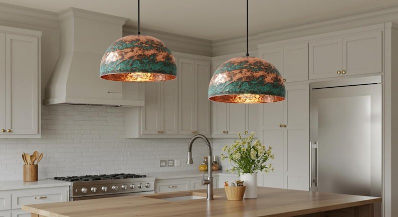 Turquoise Patina Copper Pendant Light, Handmade Hammered Dome Ceiling Lamp, Rustic Moroccan Kitchen Island Chandelier