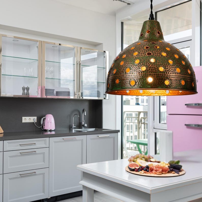 Handmade Moroccan Brass Bell Pendant Light – Hammered Copper and Turquoise Verdigris Hanging Lamp with Sculptural Spiral Bands and Warm Gold Interior for Dining Room & Kitchen Island