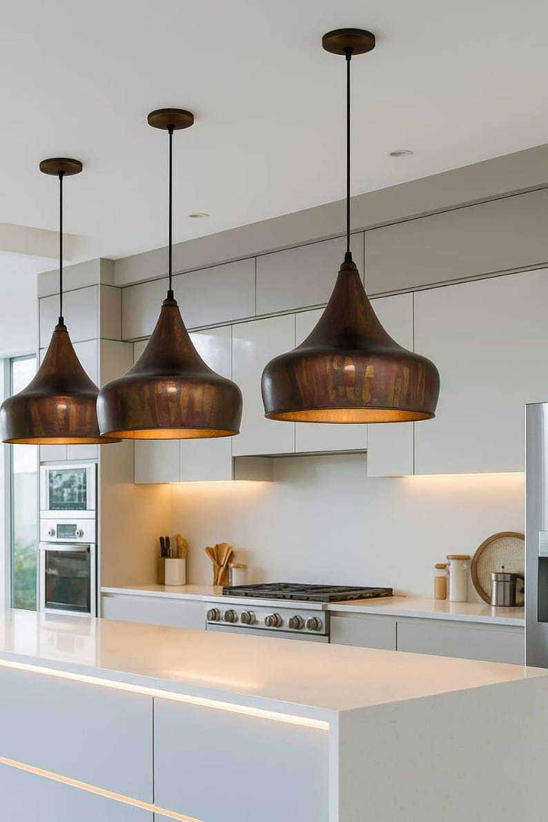 Antique Brass Bell Pendant Light – Handcrafted Moroccan Kitchen Island Chandelier with Warm Aged Finish