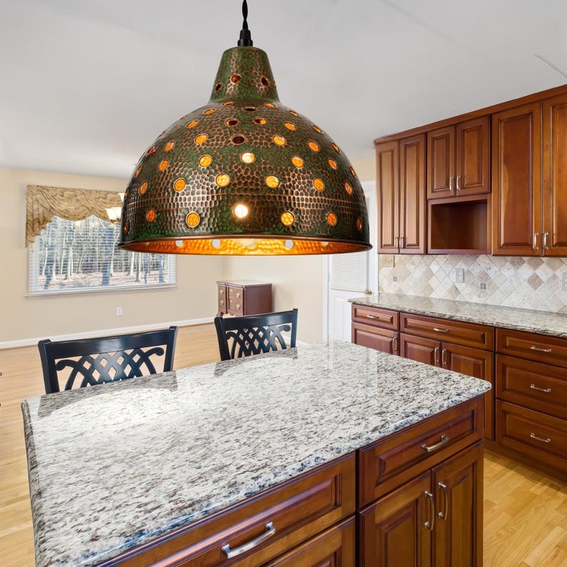 Handmade Moroccan Brass Bell Pendant Light – Hammered Copper and Turquoise Verdigris Hanging Lamp with Sculptural Spiral Bands and Warm Gold Interior for Dining Room & Kitchen Island