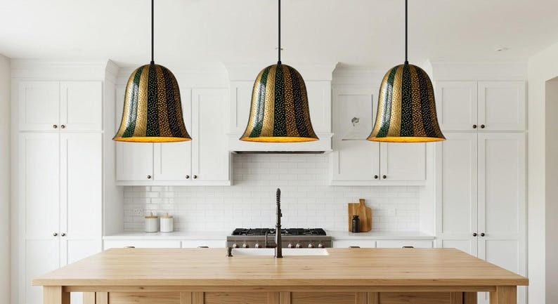 Pierced Brass Bell Pendant Light – Green & Gold Striped Moroccan Kitchen Island Chandelier