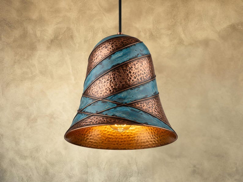 Handmade Moroccan Brass Bell Pendant Light – Hammered Copper and Turquoise Verdigris Hanging Lamp with Sculptural Spiral Bands and Warm Gold Interior for Dining Room & Kitchen Island