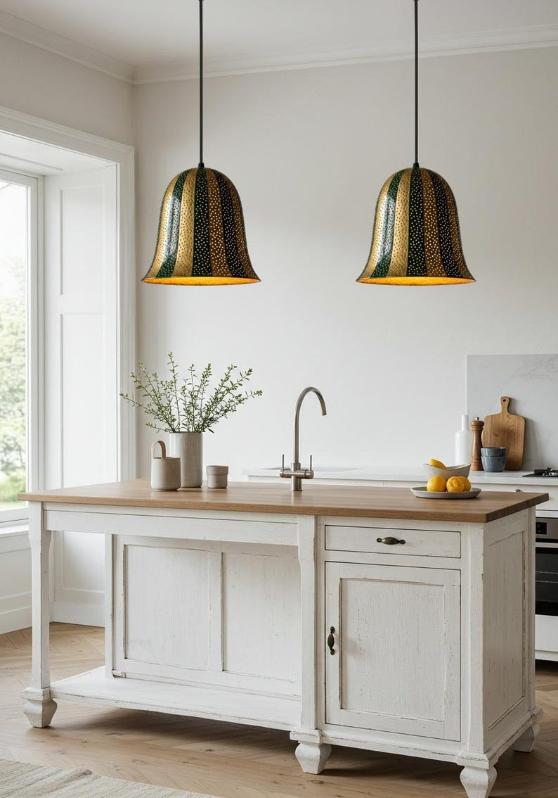 Pierced Brass Bell Pendant Light – Green & Gold Striped Moroccan Kitchen Island Chandelier