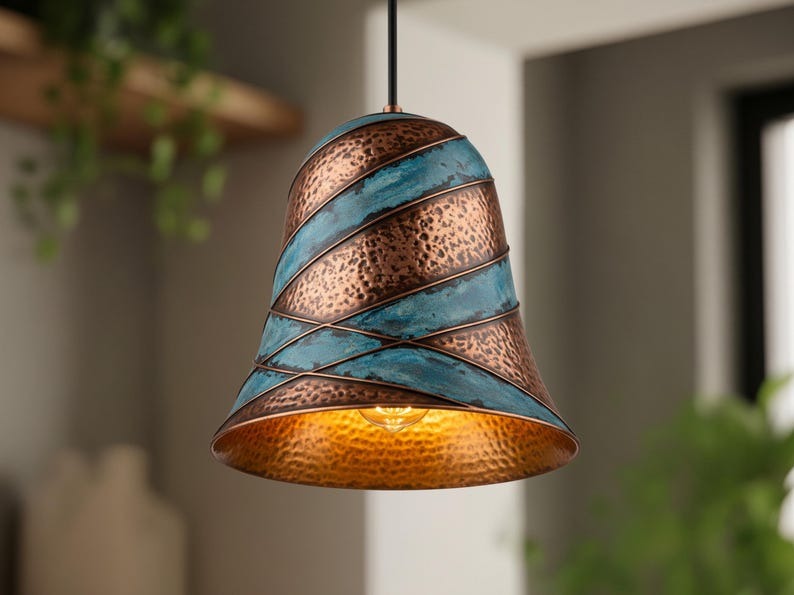 Handmade Moroccan Brass Bell Pendant Light – Hammered Copper and Turquoise Verdigris Hanging Lamp with Sculptural Spiral Bands and Warm Gold Interior for Dining Room & Kitchen Island