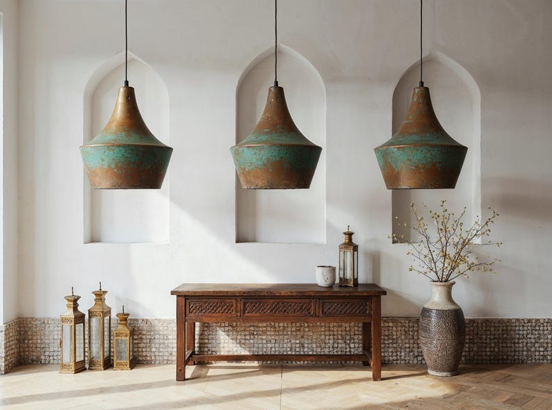 Verdigris Brass Bell Pendant Light – Antique Copper Moroccan Kitchen Island & Dining Chandelier