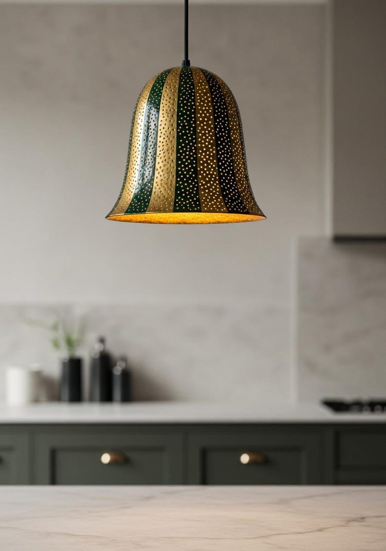 Pierced Brass Bell Pendant Light – Green & Gold Striped Moroccan Kitchen Island Chandelier