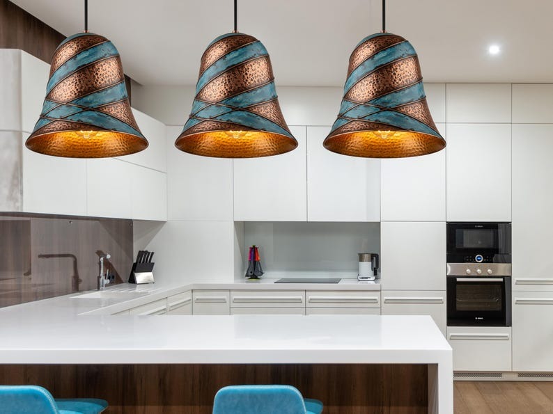 Handmade Moroccan Brass Bell Pendant Light – Hammered Copper and Turquoise Verdigris Hanging Lamp with Sculptural Spiral Bands and Warm Gold Interior for Dining Room & Kitchen Island