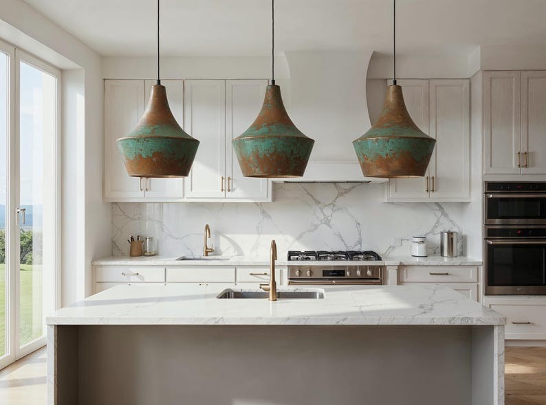 Verdigris Brass Bell Pendant Light – Antique Copper Moroccan Kitchen Island & Dining Chandelier
